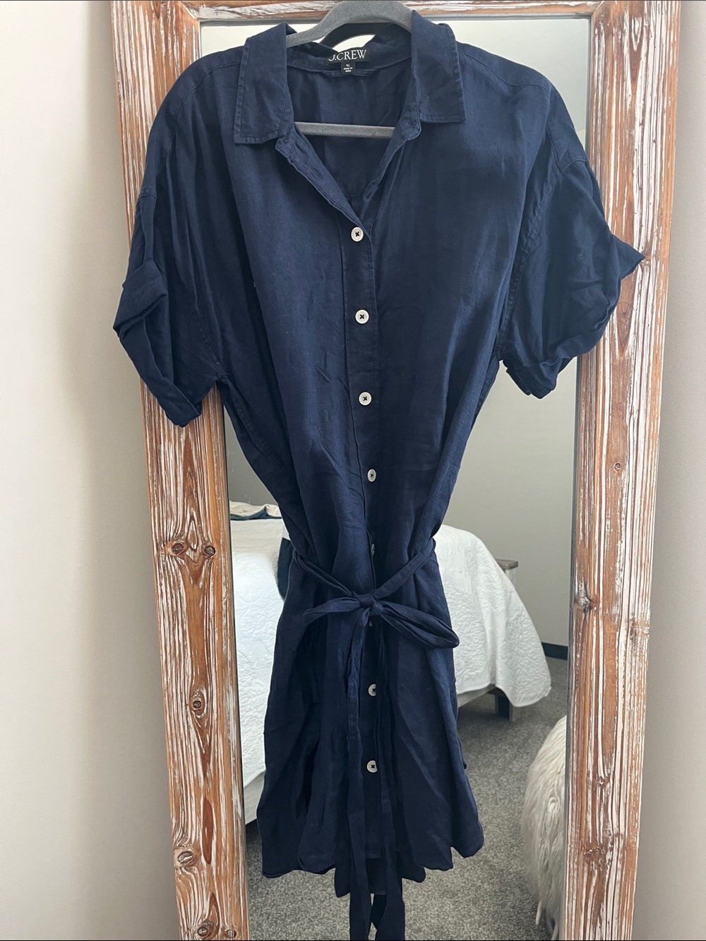 J. Crew Navy Button-Front Shirt Dress with Tie